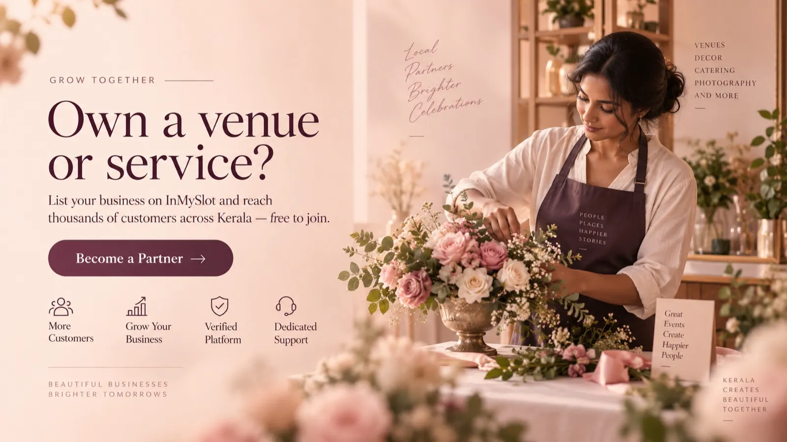 Showcase your venue or service — list your business on InMySlot. Become a Partner